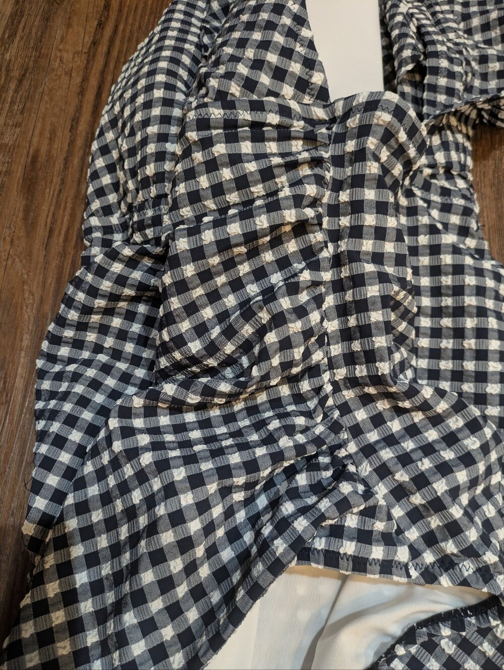 NWT J. Crew Ruched Ruffle Navy White Gingham Seersucker One-Piece Swimsuit Sz 18 - Picture 7 of 13
